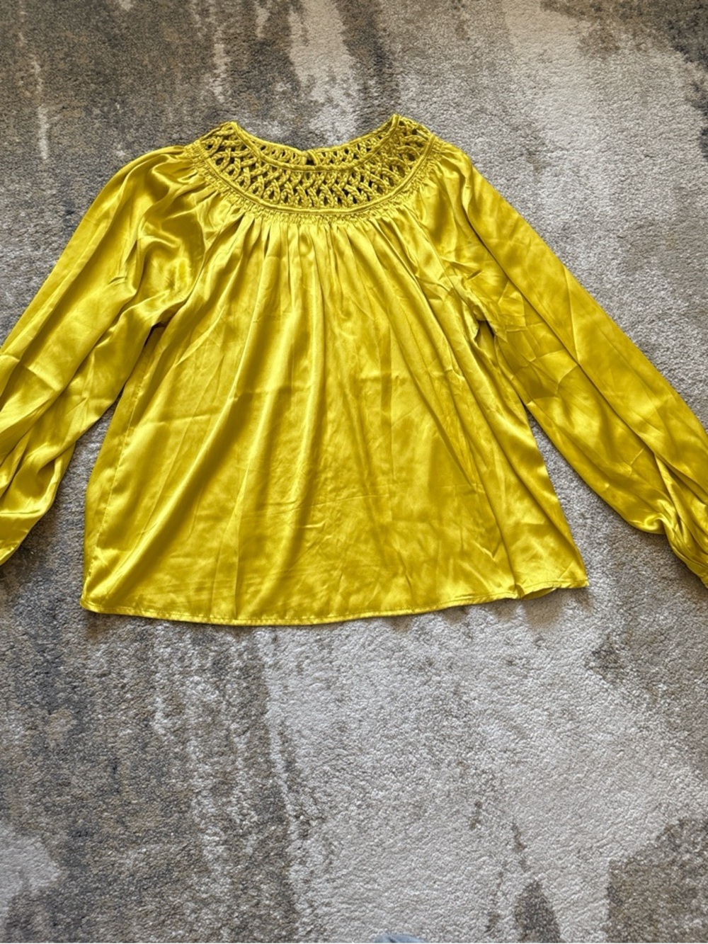 Satin Smocked Yoke Long-Sleeve Blouse in Yellow